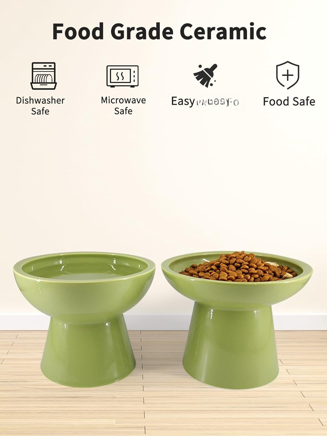 Elevated Green  Bowls Set - Wide Raised Ceramic Feeder, Anti-Vomit -Free Bowl for Kittens to Adult Cats