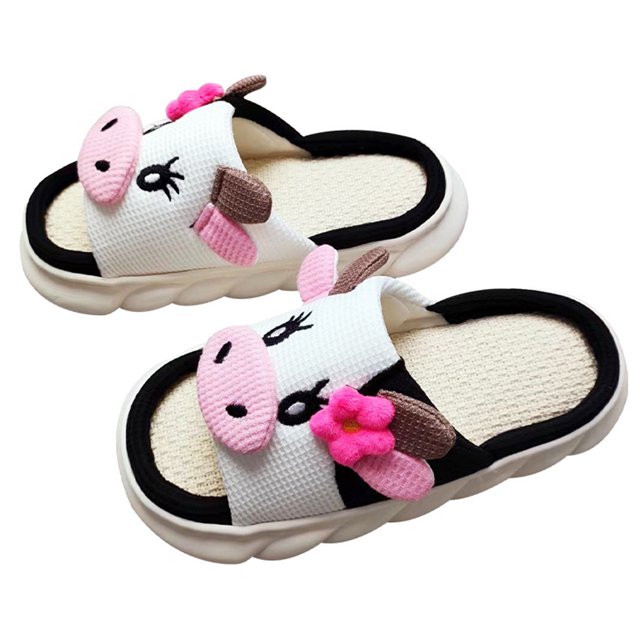 Zapatillas unisex de animales de dibujos animados, cómodas zapatillas de casa de vaca de lino para mujeres y hombres