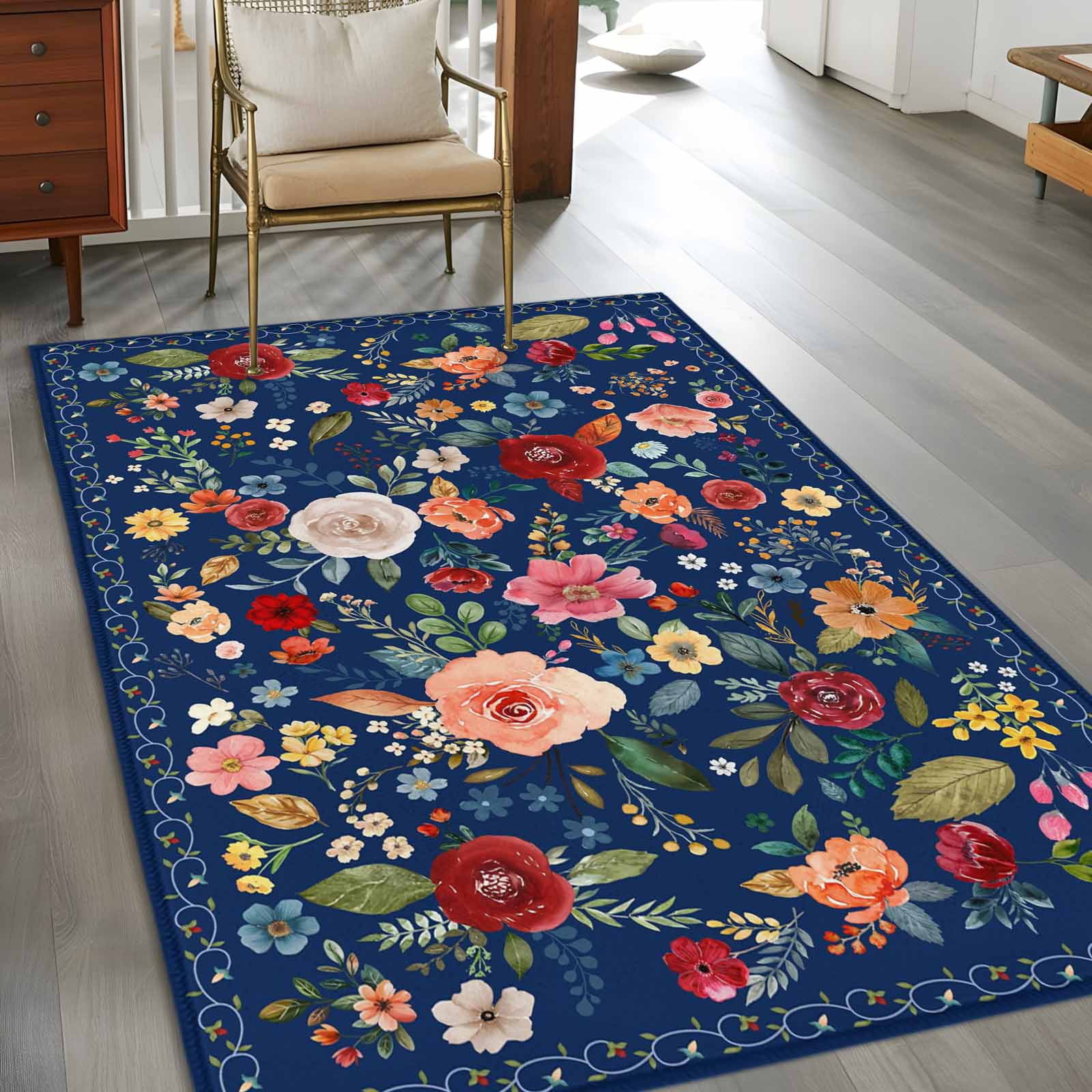 Navy Blue Flowers Area Rugs 4'x6', Washable Small Throw Rugs for Office Bathroom, Spring Vintage Floral Leaves Farmhouse Indoor Outdoor Rug Non-Slip Low Pile Carpet Runner Reversible Floor Mats