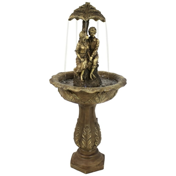 Sunnydaze Lovers Umbrella Traditional Brown Polyresin Solar Fountain with LEDs