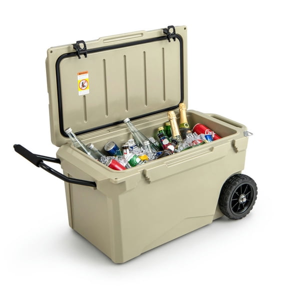 Canddidliike 75 Quart Cooler Rotomolded Ice Chest, Portable Cooler Rotomolded Ice Chest with Handles and Wheels, Insulated Cooler for Camping, Party, Fishing, Tan