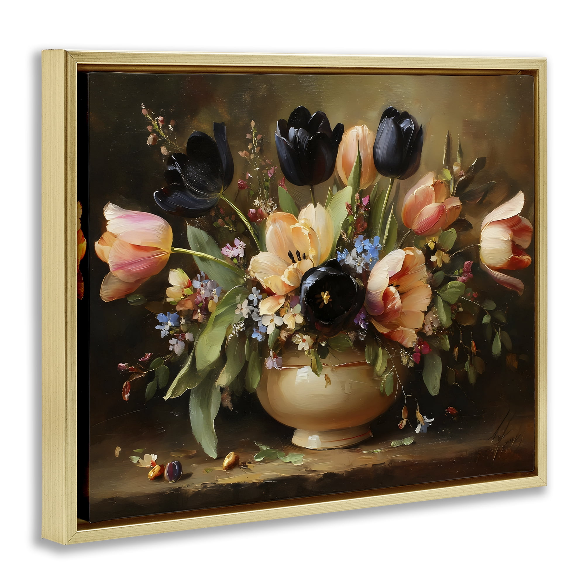 Stupell Industries Black Tulips & Peach Bouquet Gold Framed Floater Canvas Wall Art, design by Franklyn Gregory