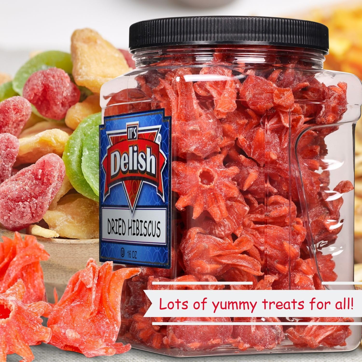 Dried Candied Hibiscus Flowers Edible by Its Delish, 16 OZ Jumbo Container  Sweetened Dried Hibiscus Flower for Tea Cocktail Drinks Garnish Dehydrated Fruit  Edible Roses  Vegan & Kosher