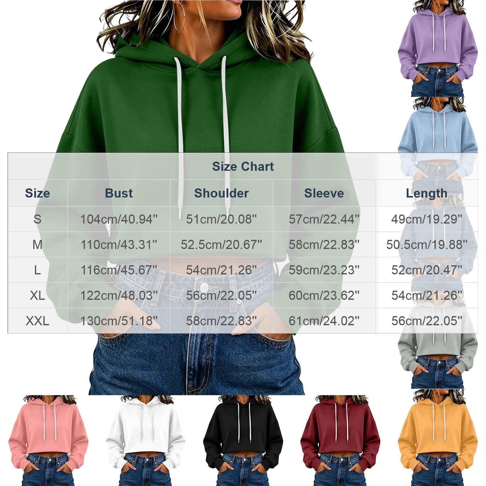 Inverlee Cropped Drawstring Hoodies for Women Long Sleeve Solid Pullovers Oversized Crop Sweatshirts Shopping Street Attire Black (S-XXL)