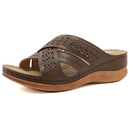 

Women‘s Embroidered Wedge Heel Slides Sandals Faux Leather Open Toe Sandals Women‘s Footwear