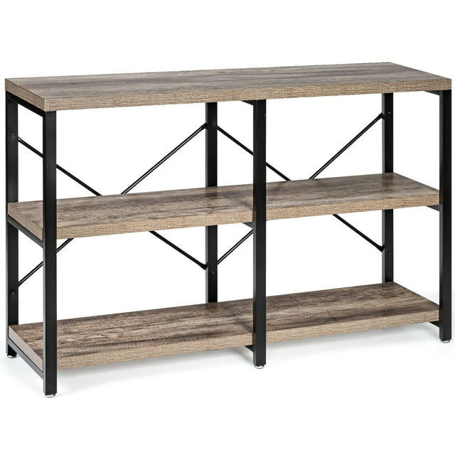 Gymax 47'' Console Table 3 Tier Industrial Sofa Table Metal Frame Gray Oak
