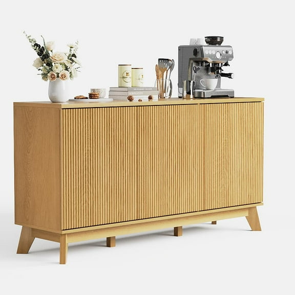Ataucjin 58" Modern Farmhouse Sideboard Buffet Cabinet, Wood Buffet Console Table with Adjustable Shelves Storage & 4 Doors, Curved Design, Cupboard Coffee Bar Cabinet for Dining Room, Living Room