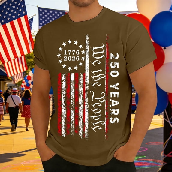 Rggeeun Men'S T-Shirt Us National Flag Graphic 1776-2026 We The People 250 Years Print Short Sleeve Crew Neck For 4th Of July Everyday Wear Patriotic Style Tee,Coffee,L