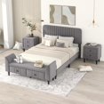 thumbnail image 1 of 4-Pieces Bedroom Sets, Full Size Upholstered Platform Bed with Two Nightstands and Storage Bench, Wood Bed Frame with Slat Support for Teens Adults Bedroom, No Box Spring Needed, Gray, 1 of 7