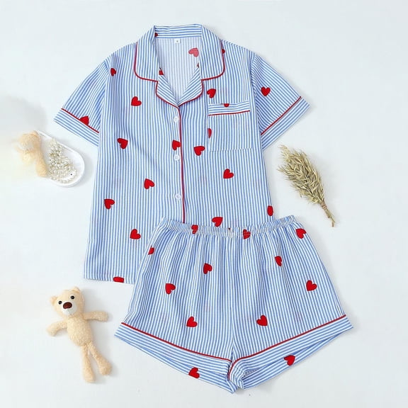 PNTUTB Women's Fashion Striped Heart Print Collared Button Pocket Short Sleeve Top with Elastic Waist Shorts Pajama Set