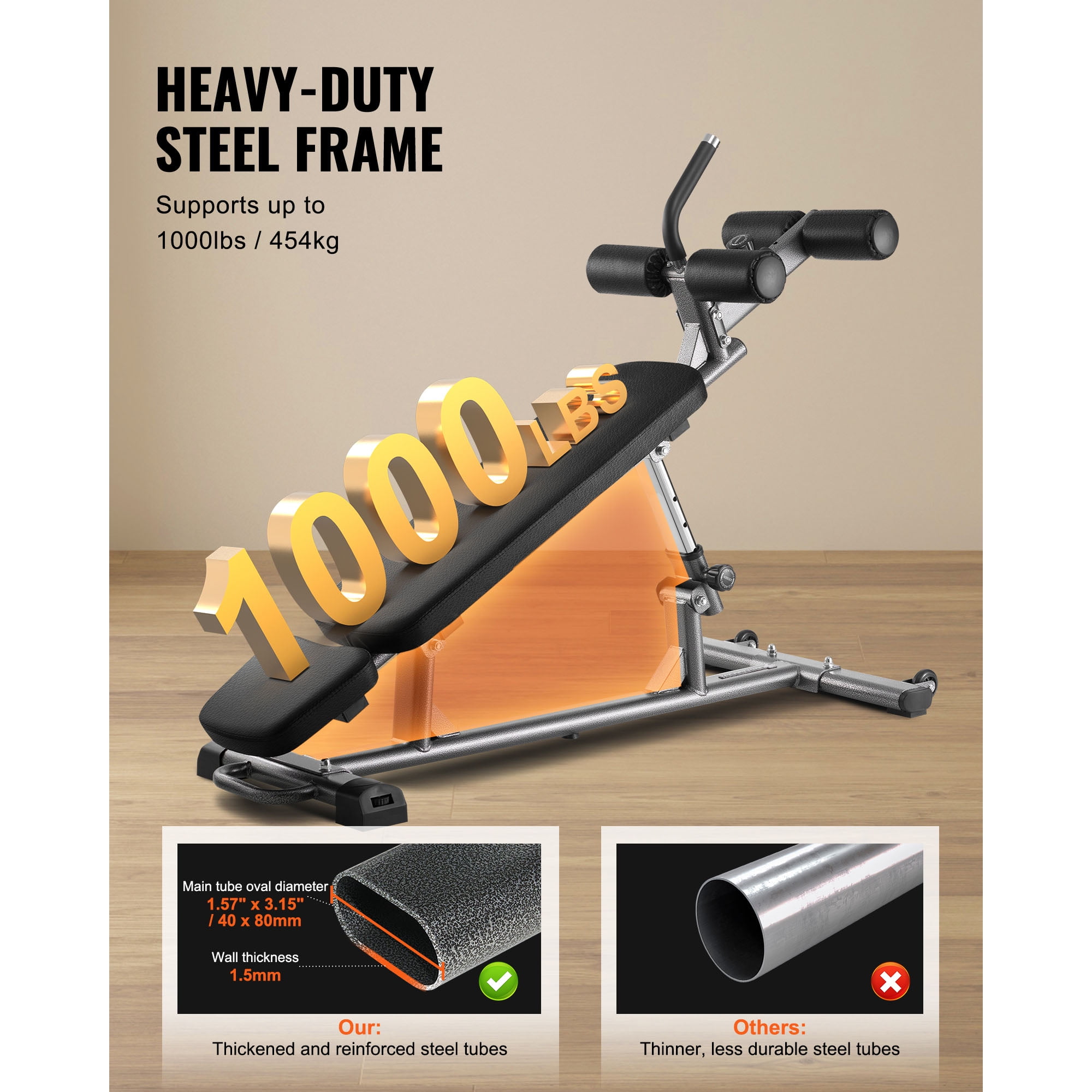KFFKFF Adjustable Decline Sit-Up Bench with Reverse Crunch Handle, 4 Height Levels, Durable Steel Construction, 1000 lbs Weight Capacity, Ideal for Home Gym Exercises and Strength Training