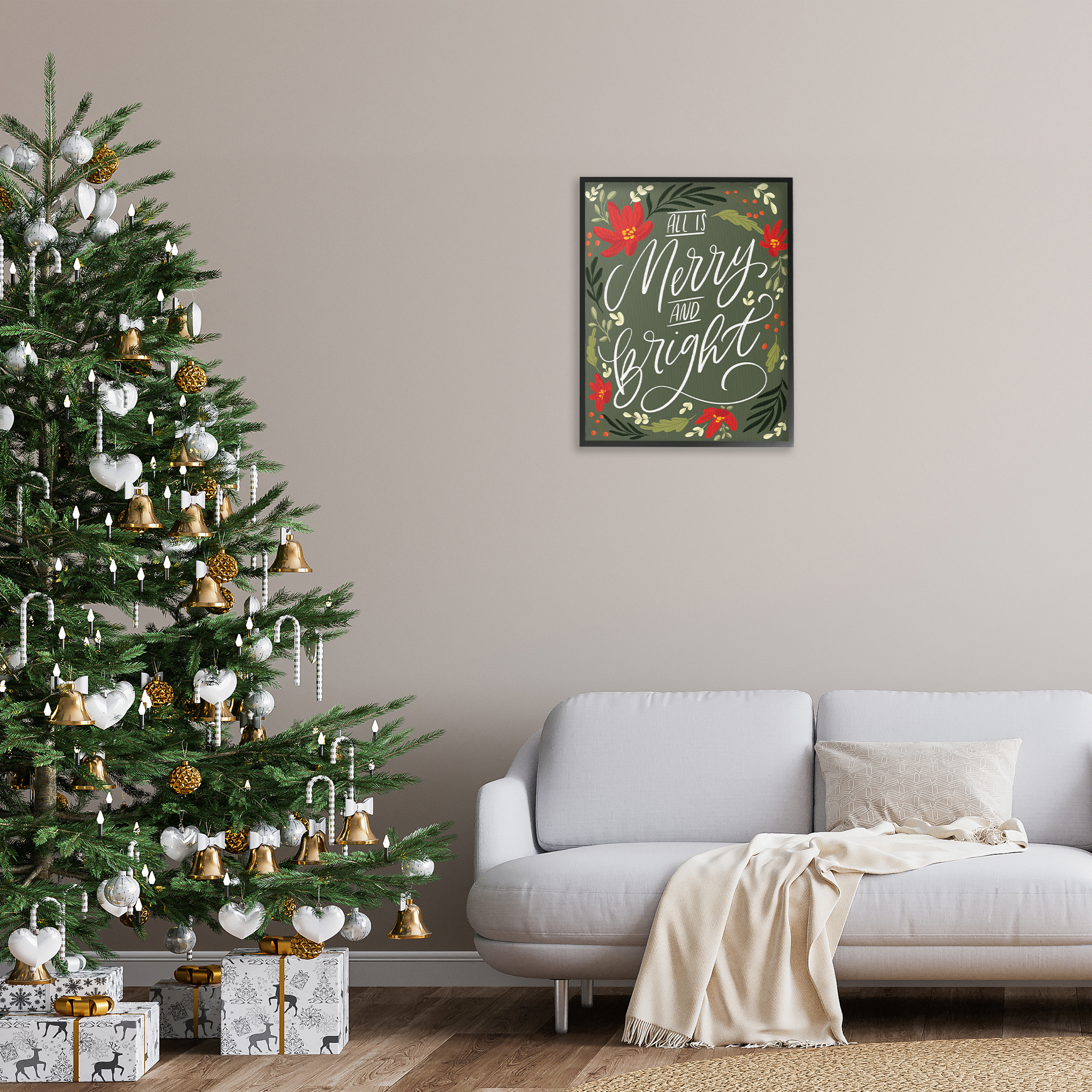 Stupell Industries Floral Merry and Bright Holiday Painting Black Framed Art Prints Wall Art, 24 x 30