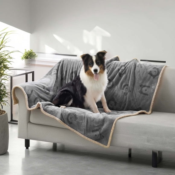 Waterproof Dog Blanket, Sherpa Fleece Pet Throw Blanket for Medium Small Dogs, Cats, 60 x 50 Inches, Reversible Couch Cover Protector, Machine Washable, Gray