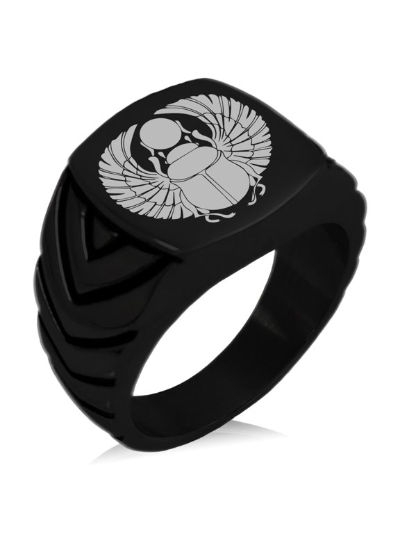 Stainless Steel Scarab Beetle Rising Sun Chevron Pattern Biker Style Polished Ring