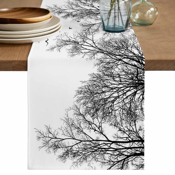 Black Branches Table Runner 60 Inches, Botanical Dead Tree Birds Bed Runner Dresser Scarves Tabletop for Indoor Outdoor Parties/Ceremony/Banquet, 13" x 60"