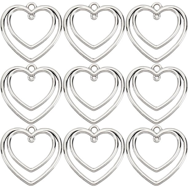 1 caja de 50 piezas de dijes de corazón con doble corazón, colgantes de amor con bisel abierto, flores prensadas, marco en blanco, conectores huecos.