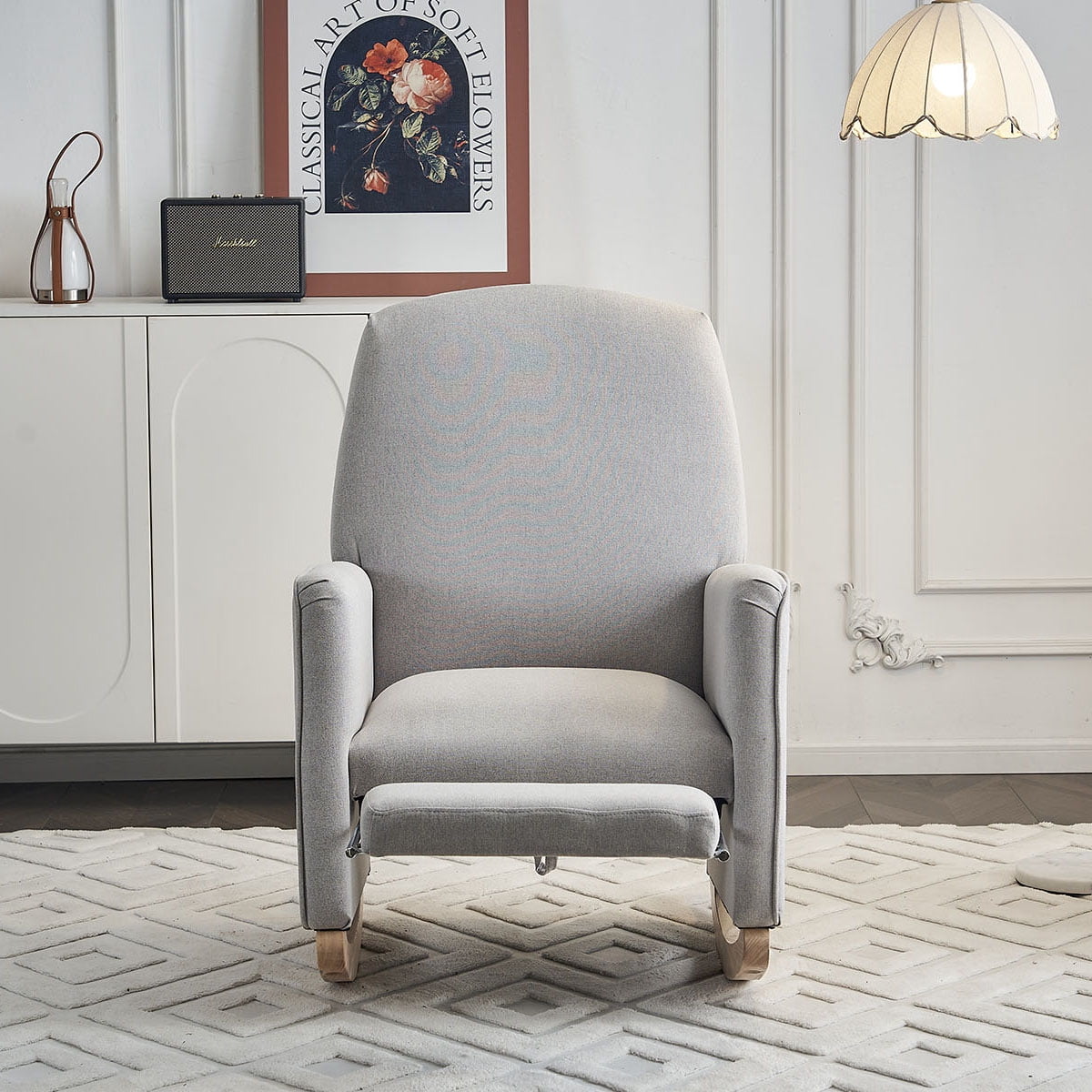 Cotton Linen Fabric Nursery Rocking Chair With Adjustable Footrest