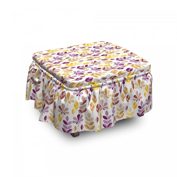 Floral Ottoman Cover, Ear of Wheat and Leaves, 2 Piece Slipcover Set with Ruffle Skirt for Square Round Cube Footstool Decorative Home Accent, Standard Size, Earth Yellow Purple, by Ambesonne