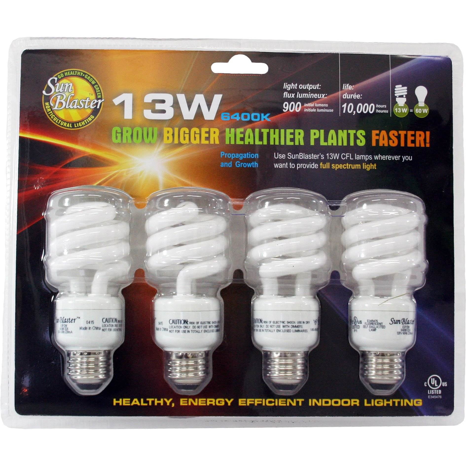 SunBlaster 13 Watt CFL Indoor Plant Grow Lamp Natural Light 4 Bulb Set