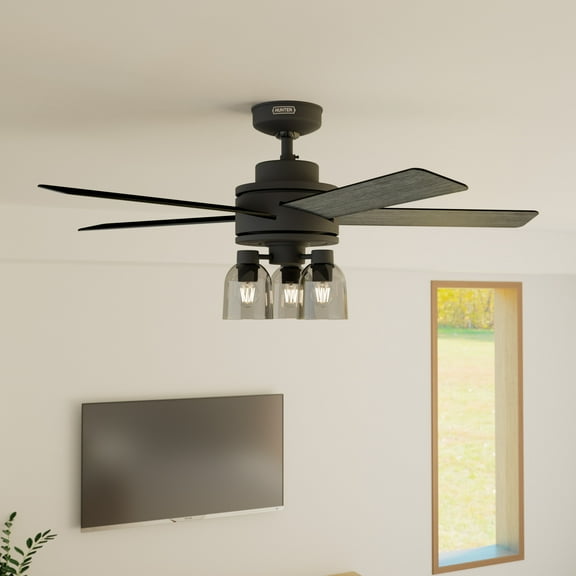 Hunter - Lochemeade Indoor Ceiling Fan With Light, Remote, 52-inch, Matte Black, Modern-style, 3-speed WhisperWind Motor, 52650, for Living Rooms, Bedrooms