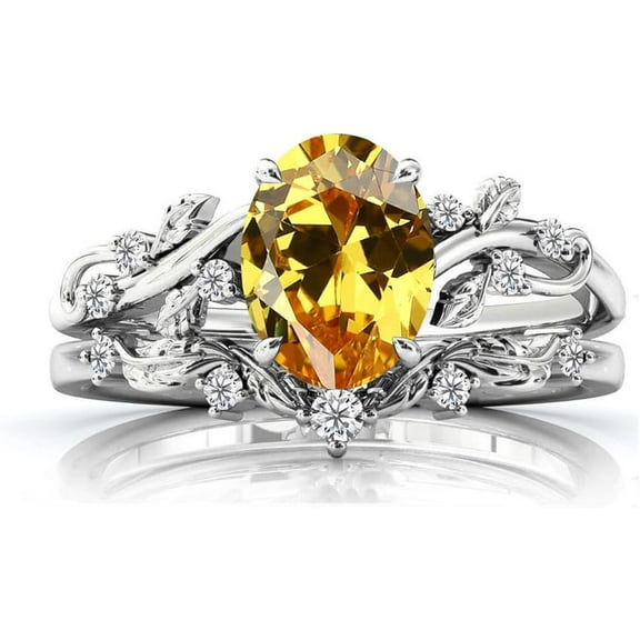 Divine Creation Women's 925 Sterling Silver 2.25 Ct Oval Cut Yellow Citrine Christmas Thanksgiving Engagement Bridal Ring Set 14K White Gold Plated -4