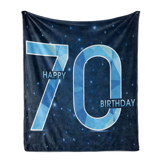 70th Birthday Soft Flannel Fleece Throw Blanket, Stars Space Theme with Geometrical Design 70 Years Old Party, Cozy Plush for Indoor and Outdoor Use, 70" x 90", Dark Blue and Sky Blue, by Ambesonne