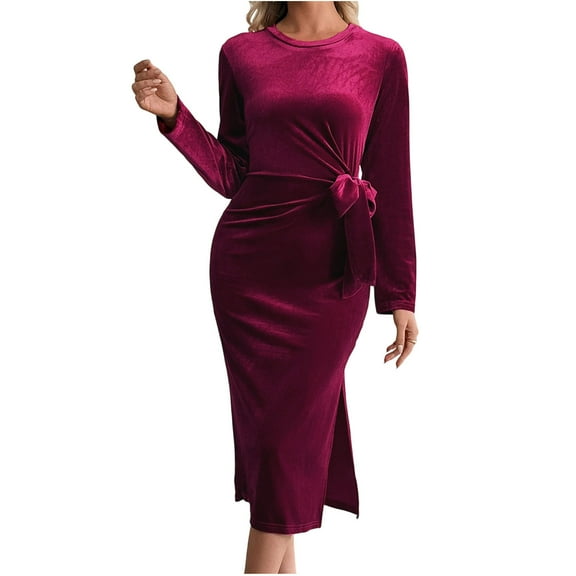 Cadancy Women's Dresses Velvet Long Sleeve V Neck Ruched Wrap Belt Bodycon Cocktail Party Maxi Dress Elegant Vintage Dressy Casual Evening Prom Costumes