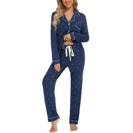 

KUNPENG Pajamas Women s Button Up Pajama Set Long Sleeve Shirt and Blue XL