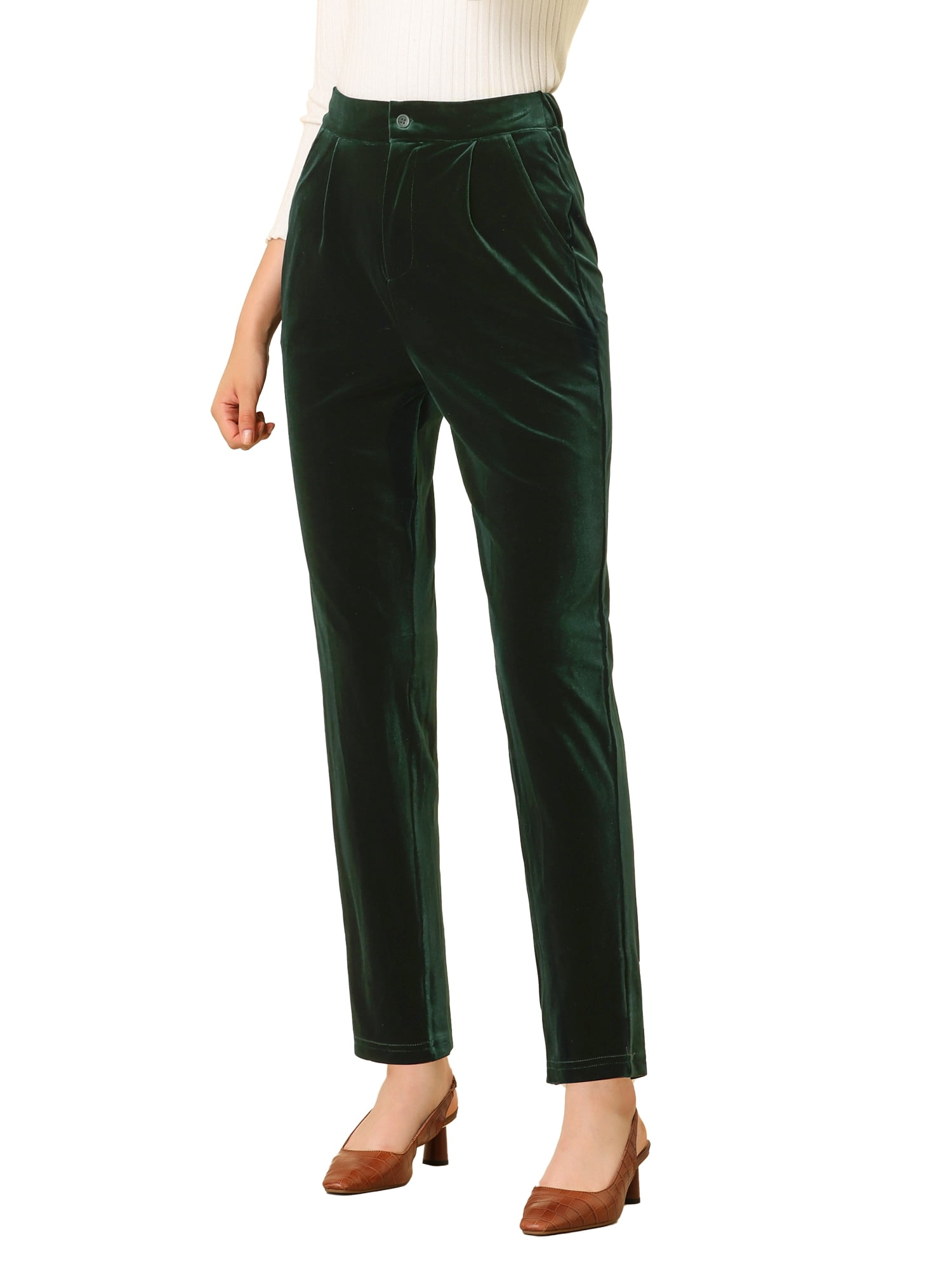 DARING DIVA Women's Elegant Velvet High Waist Trousers Work Pants L Deep Green