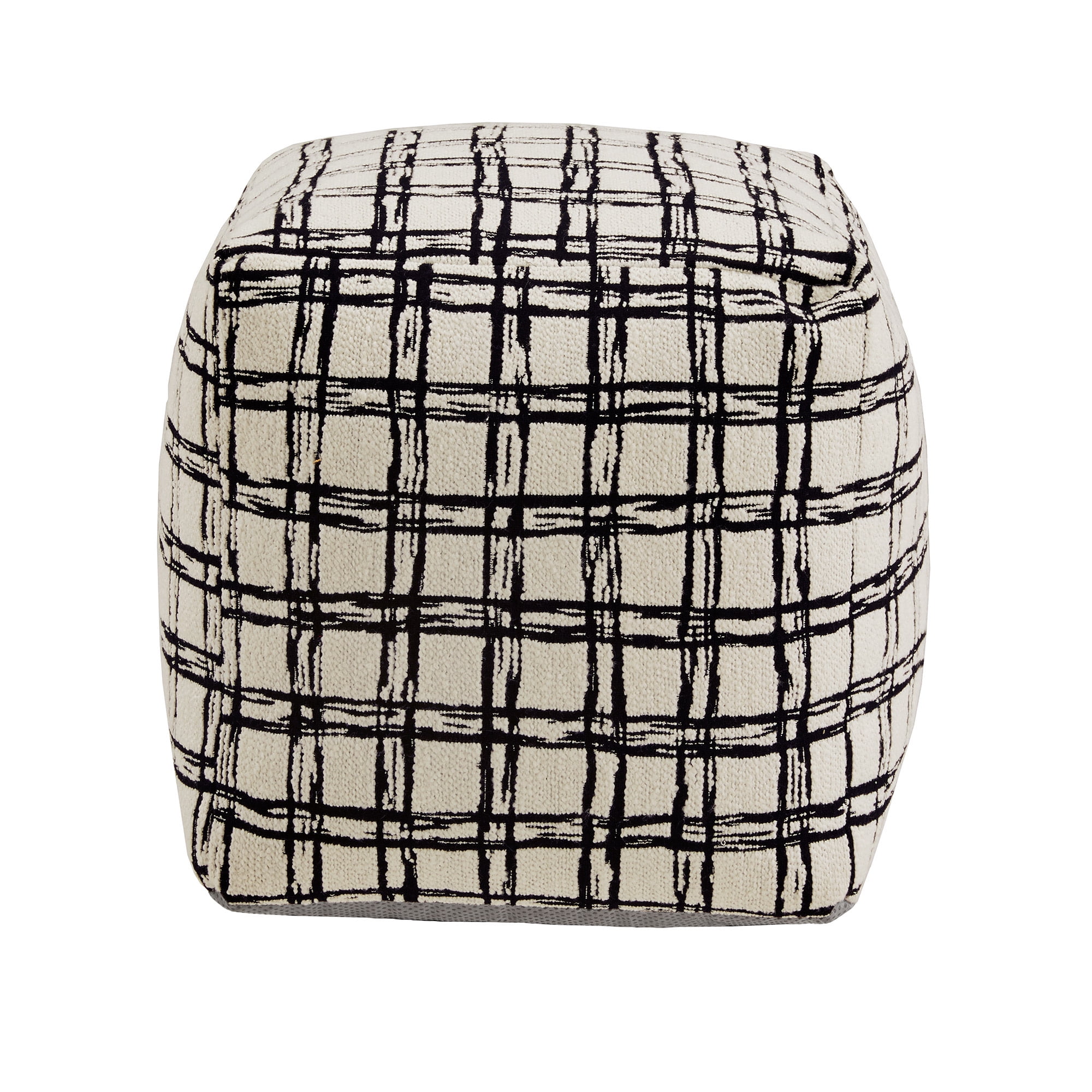 Weston Home Dinant Upholstered Square Pouf Ottoman, Ivory & Black Plaid Pattern Fabric
