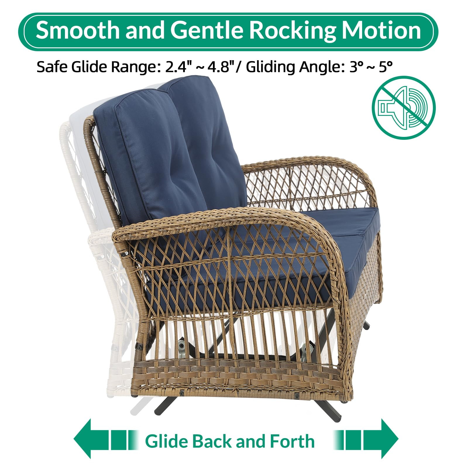 VIVIJASON 5-Piece Outdoor Patio Wicker Conversation Sets, All Weather Outdoor Rattan Furniture Set Includes Glider Loveseat, 2 Coffee Table, 2 Rocking Chairs with Cushions for Backyard, Navy Blue