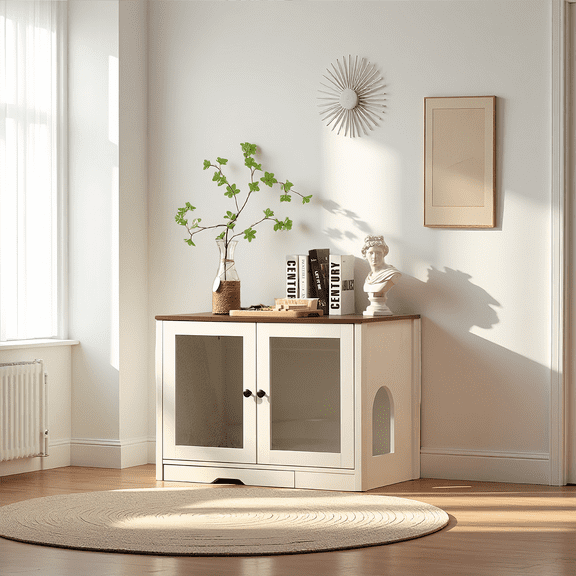 Cat Litter Box Enclosure with Convenient Litter Collector, Cat Cabinet with Cat-Viewing Glass Doors, Wooden Cozy Cat House (White)