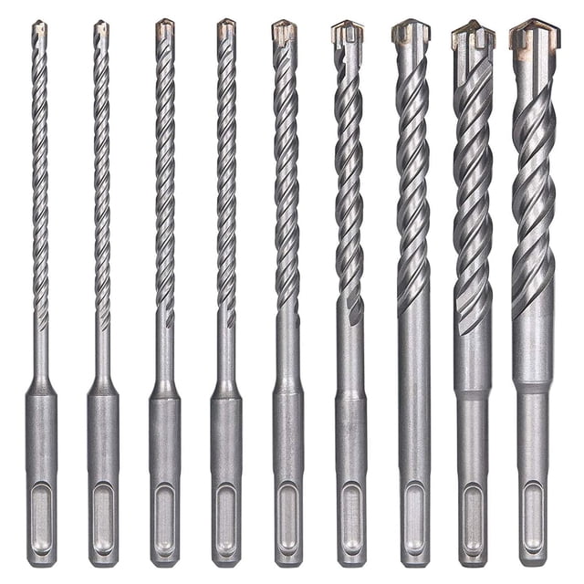 Juego de 9 brocas SDS-Plus para taladro percutor eléctrico para taladrar piedra, hormigón, paredes de ladrillo y baldosas de cerámica (5, 6, 6, 8, 8, 10, 12, 14, 16 x 160 mm)