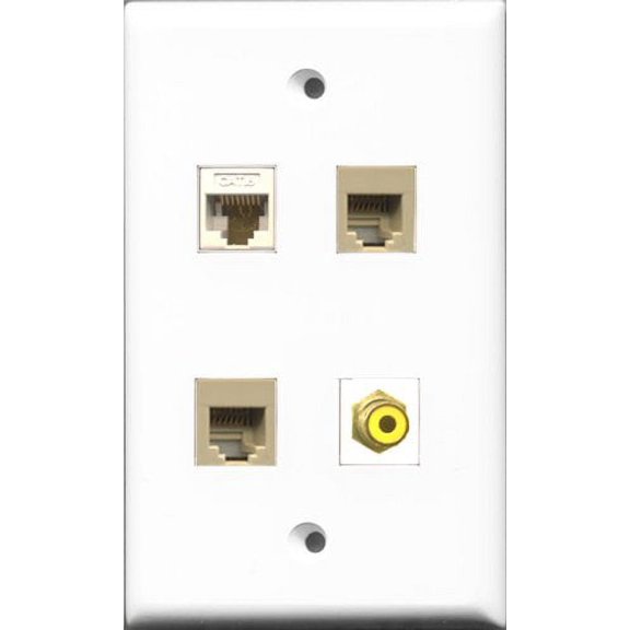 RiteAV 1 Port RCA Yellow 2 Port Phone RJ11 RJ12 Beige and 1 Port Cat6 Ethernet White Wall Plate