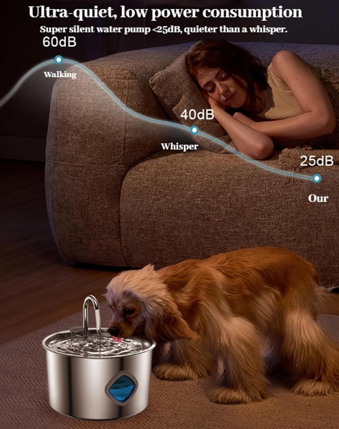 Water Fountain for Dogs, 108oz/3.2L Automatic Pet Drinking Water Dispenser, Stainless Steel Cat Water Bowl with Replacement Filters, Multi-Filtration, Ultra-Quiet Pump