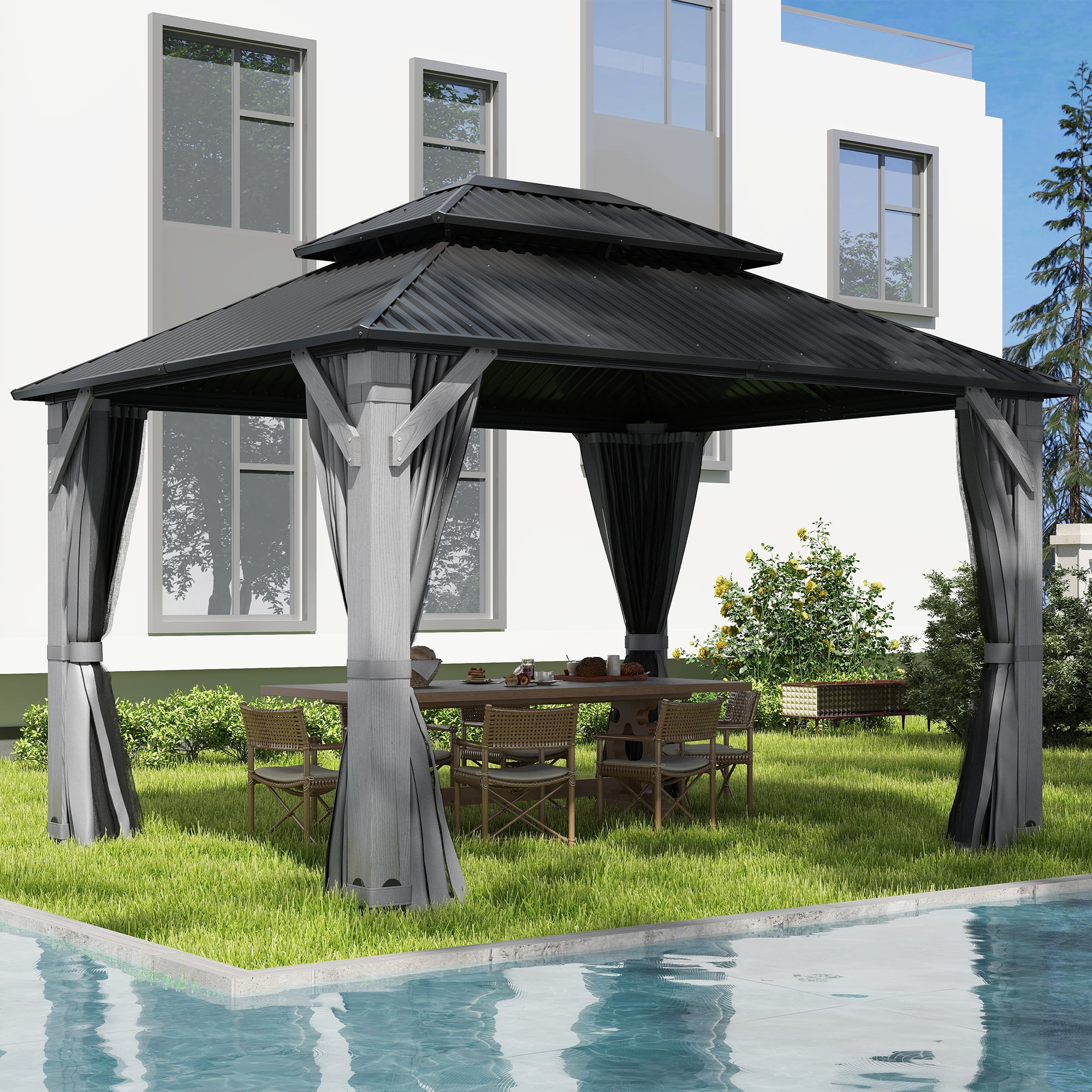 Howsvn 10 x 12 ft. Patio Cedar Wood Gazebo, Outdoor Double Roof Hardtop Wooden Gazebos with Curtains and Netting for Backyard, Deck
