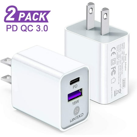 2 Pack 18W Fast Charger (Dual Port USB C PD 3.0 Plus USB A)，PD Charger Wall Charger for iPhone 11 Pro Max, Google Pixel 3 XL, LG, Samsung
