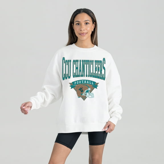 Women's Gameday Couture White Coastal Carolina Chanticleers Oversized Good Vibes Premium Fleece Drop Shoulder Pullover