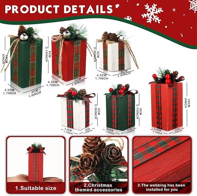 6Pcs Christmas Wooden Gifts Box Decor Christmas Table Centerpieces with Buffalo Plaid Bowknot Faux Present Blocks Rustic Gifts Tiered Tray Decor for Xmas Party