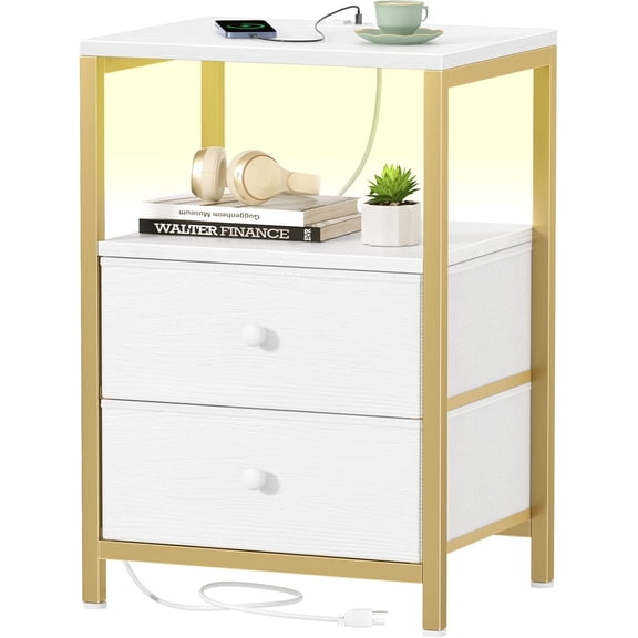 Nightstand with Charging Station LED Night Stand with Fabric Drawers Bedside Table with Ports and Outlets Nightstand for Bedroom Modern