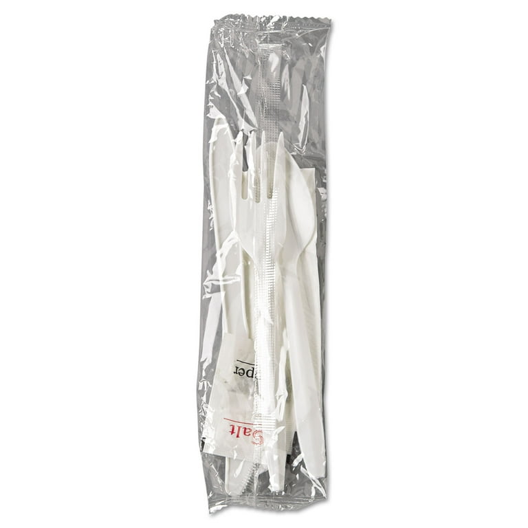 White Plastic Fork/Knife/Spoon/Napkin/Salt/Pepper Wrapped Cutlery Kit (250 per Carton) White Plastic Fork/Knife/Spoon/Napkin/Salt/Pepper Wrapped Cutlery Kit (250 per Carton)
