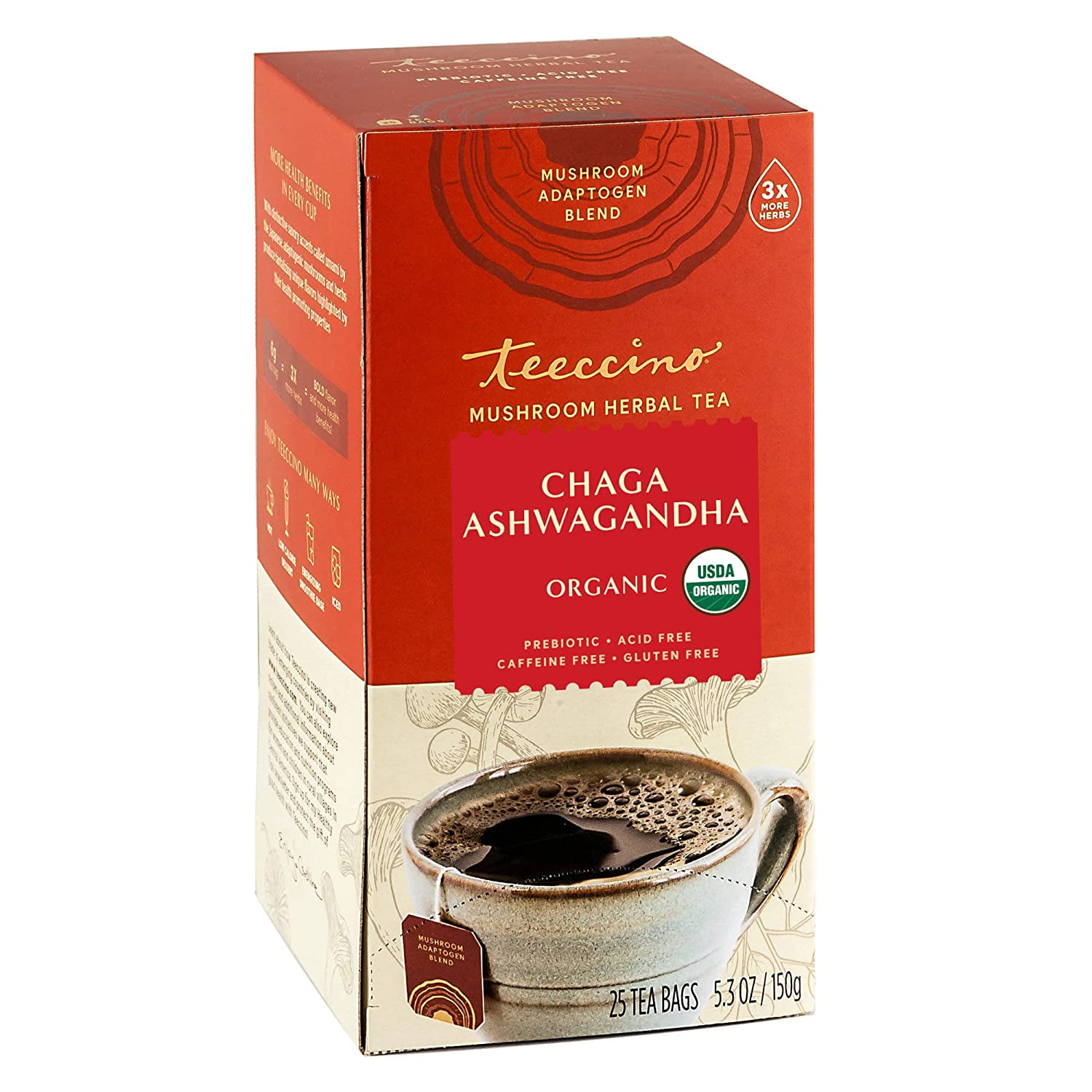 Teeccino Mushroom Adaptogen Herbal Tea, Chaga Ashwagandha, 25 Tea Bags