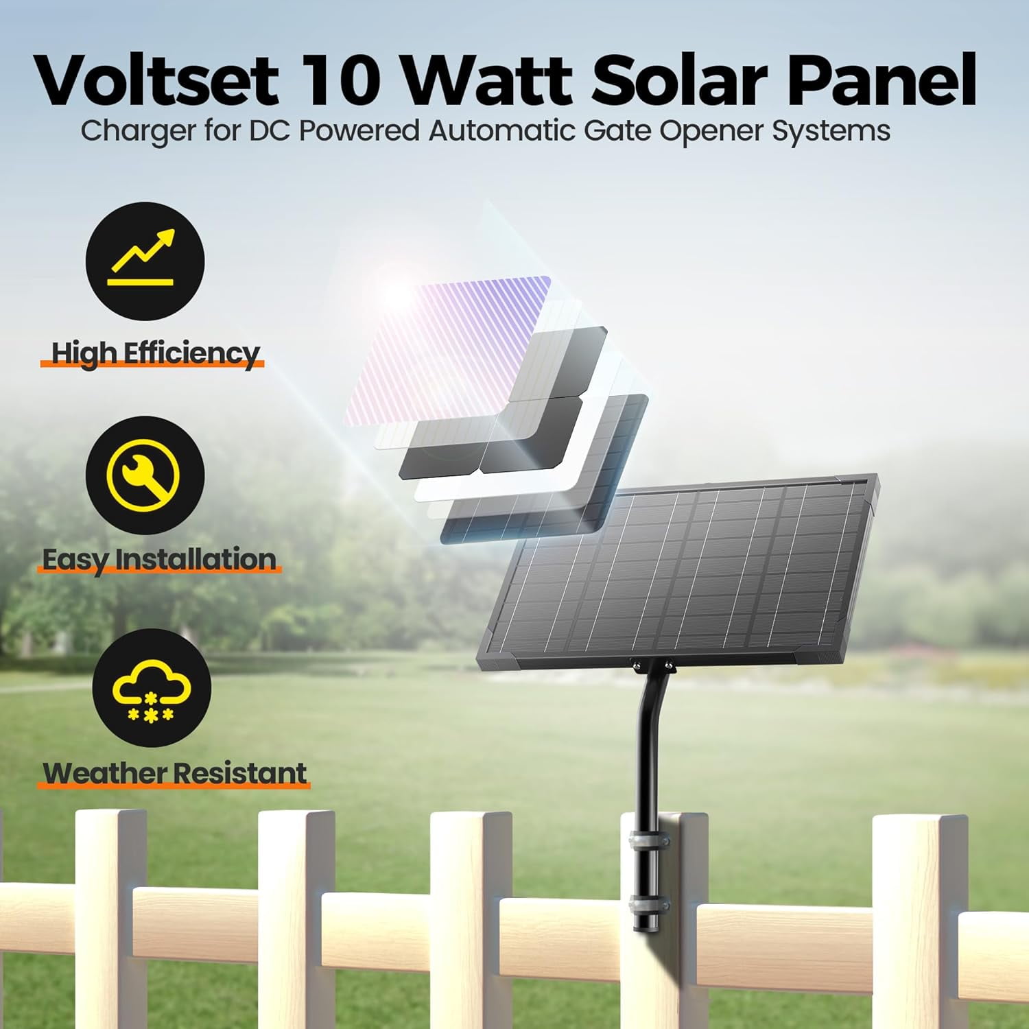 Voltset 10W 12V Waterproof Solar Battery Trickle Charger & Maintainer, Solar Panel Built-in MPPT Charge Controller with Tubular Bracket, SAE Cables for Automatic Gate Opener, Electrical Fence