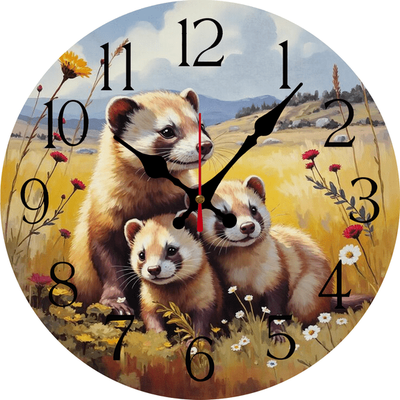 Eveokoki Quiet Rustic Wooden Wall Clock - 12 Inch Family Ferrets Field Round Wall-Clock Battery Operated Silent Vintage Clocks for Farmhouse, Bedroom Decor