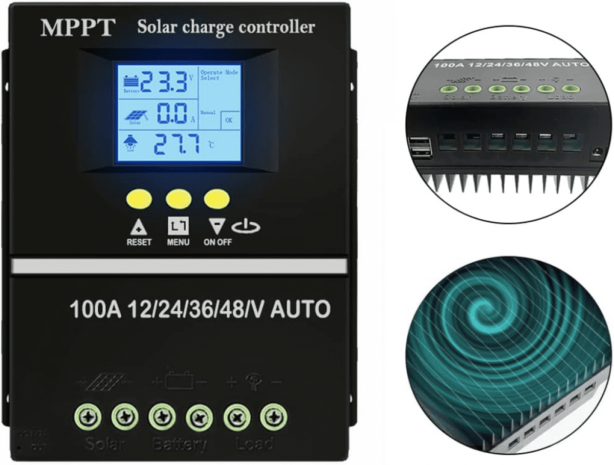 100A MPPT Solar Charge Controller with LCD Display - 48V High Efficiency Smart Regulator for Lead Acid & Lithium Batteries, 12V/24V/36V/48V Auto, Dual USB, Overcharge/Reverse Protection