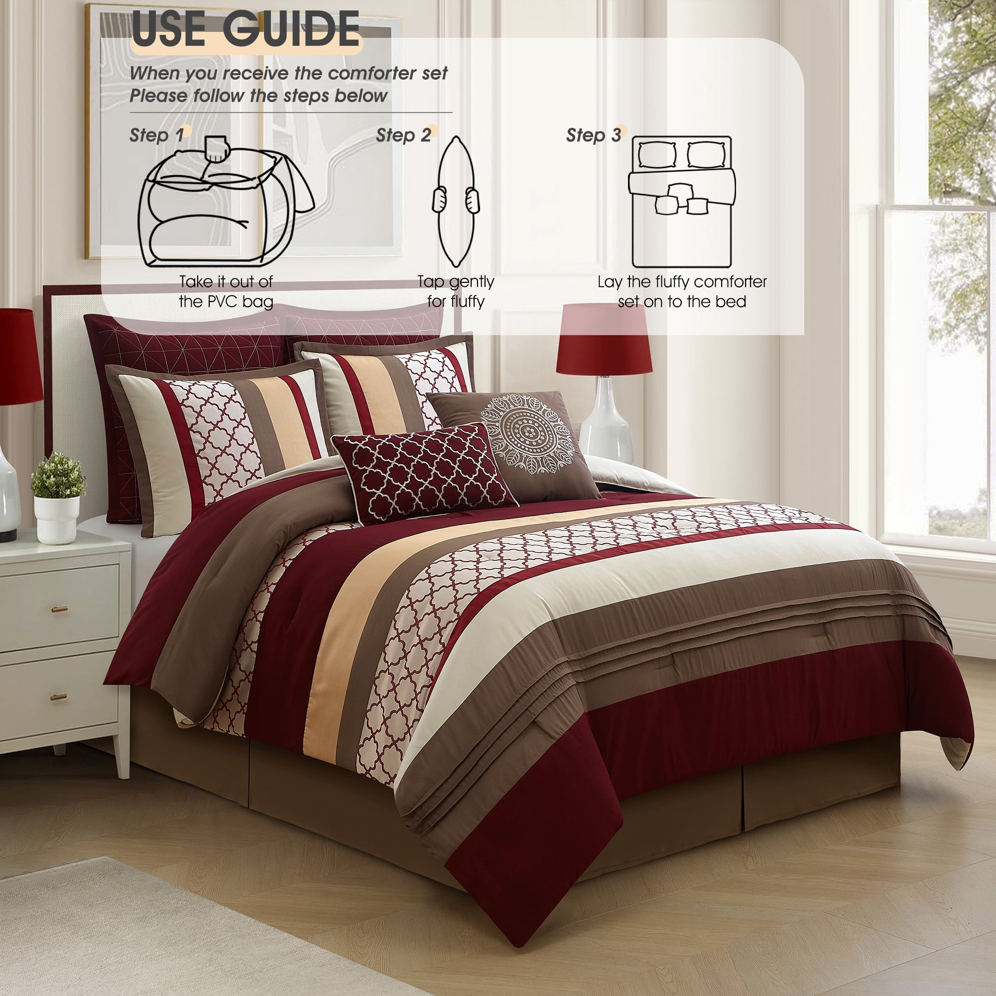Lanco Moroccan Taupe/Red Berry/Gold, 8-Piece Comforter Set, California King, Striped/Geometric