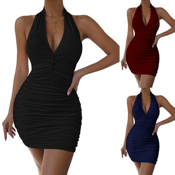 LYMAYTER Women's Halter Bodycon Mini Dress V-Neck Backless Ruched Detail Dresses S-XL