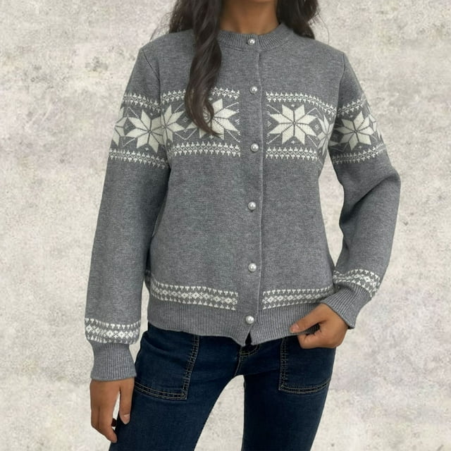 WRKEKC Women's Embroidered Jacquard Cardigan Button Front Long Sleeve Open Front Knit Fall Winter Casual Coat Plus Size Available Gray L