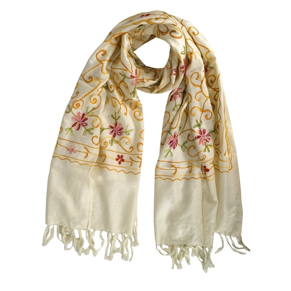 Peach CoutureWomens Exquisite Embroidered Flower Wool Pashmina Scarf Wrap Shawl (Cream)
