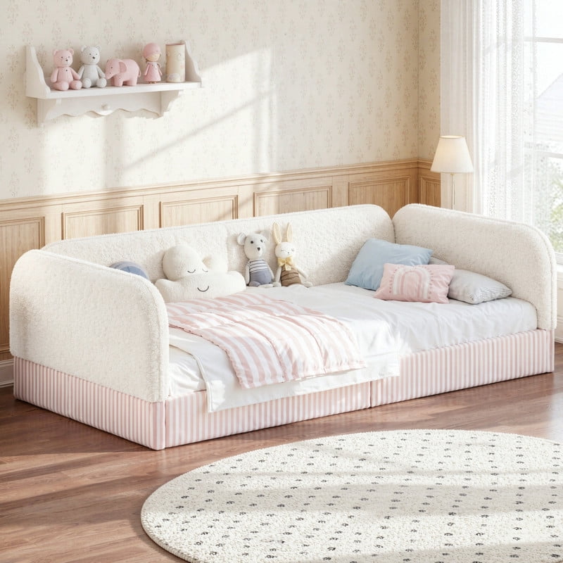 Twin Size Upholstered Floor Daybed Frame for Kids, Half-Enclosed Montessori Platform Bed with 3-Sided Surrounding Guardrails